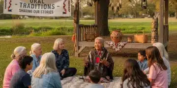 Groupe diversifié écoutant un conteur, symbolisant la transmission des traditions orales américaines.