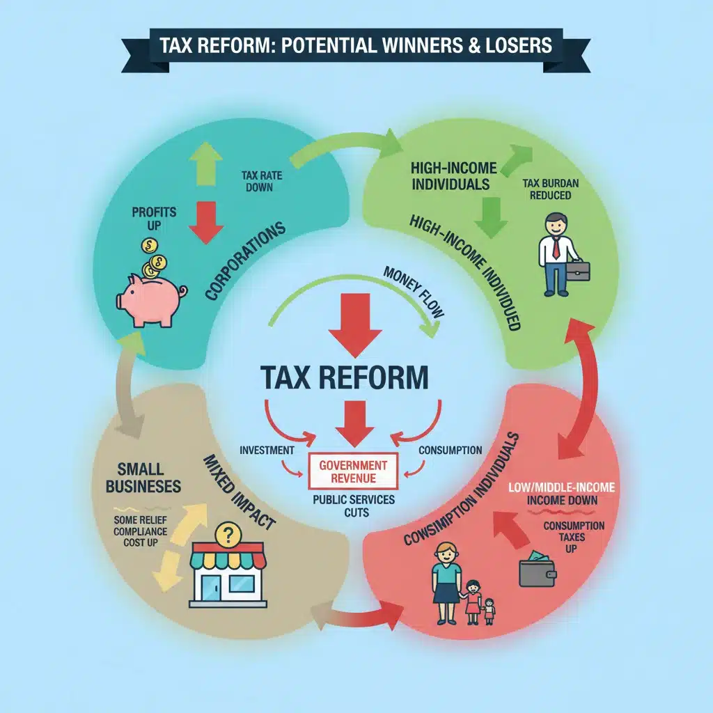 Infographie illustrant l'impact des changements de taux d'imposition sur divers secteurs économiques.