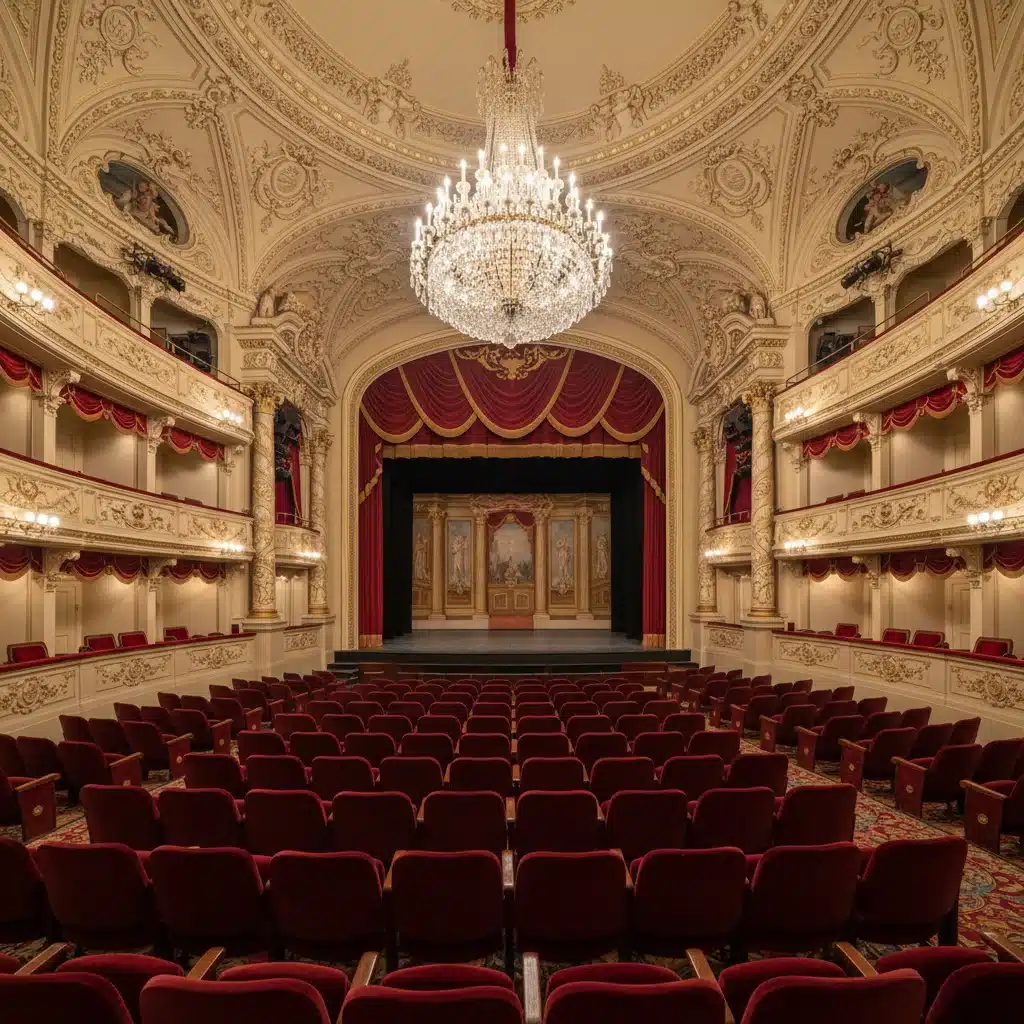 Intérieur restauré d'un théâtre historique avec des ornements en plâtre et des sièges en velours, illustrant la splendeur architecturale.