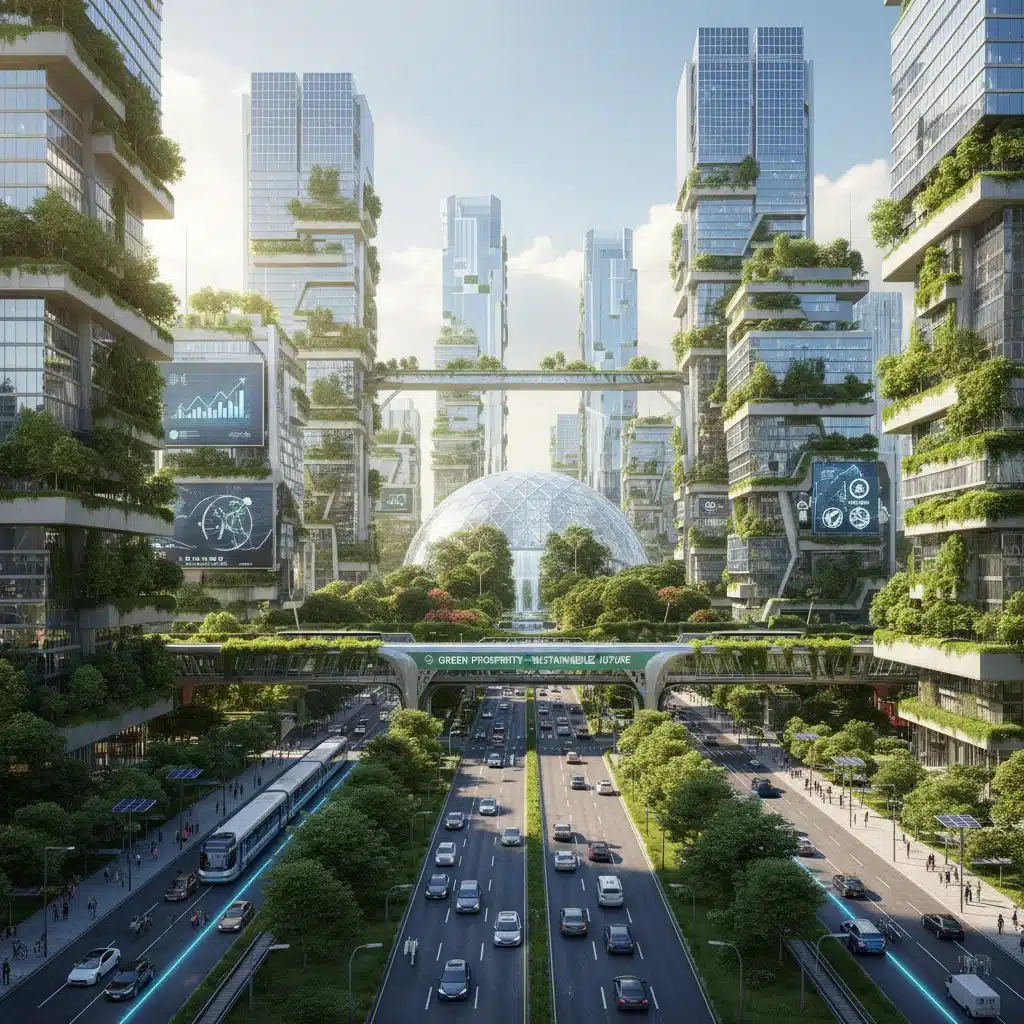 Ville moderne avec des infrastructures vertes, symbolisant les investissements du budget dans le développement durable et l'économie verte.