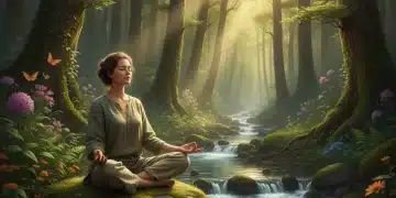 Personne méditant paisiblement dans une forêt verdoyante, soleil filtrant à travers les arbres, ruisseau clair en arrière-plan, transmettant la tranquillité et la connexion avec la nature.