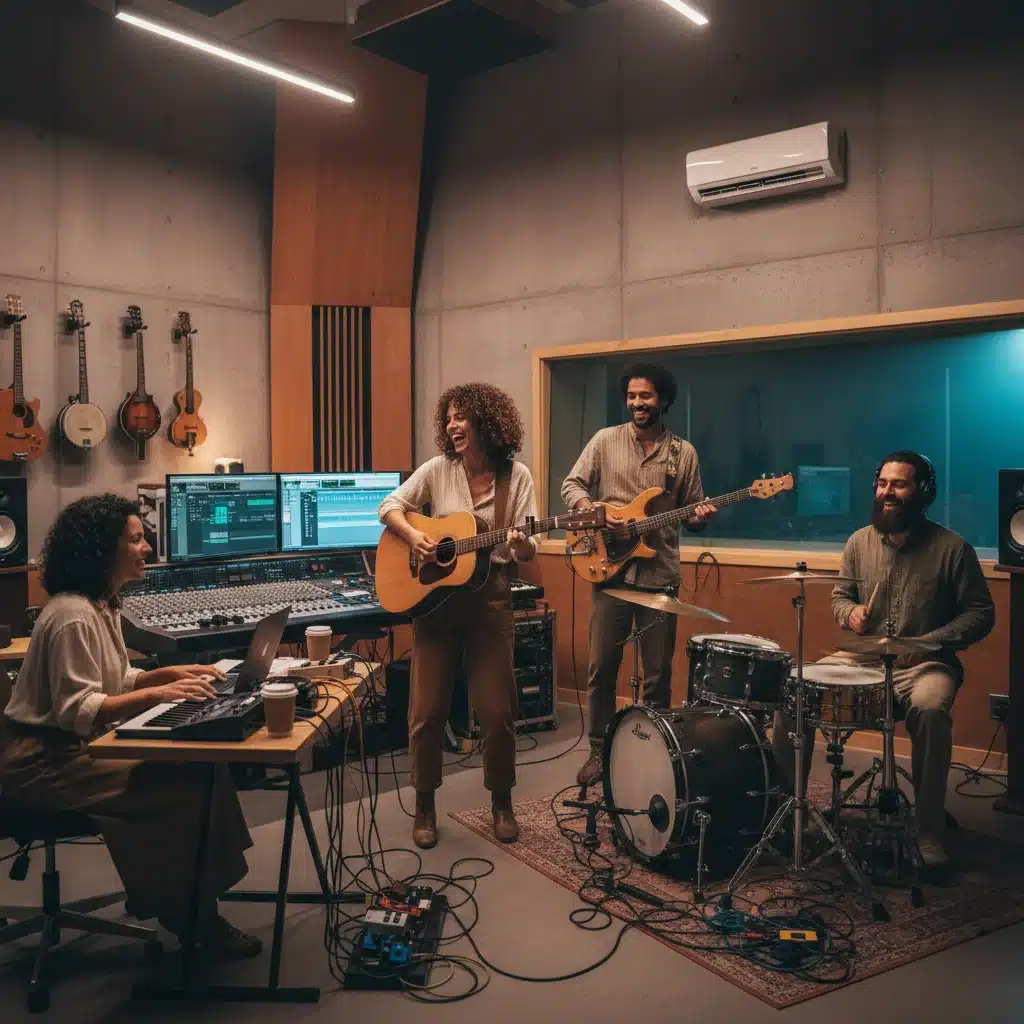 Musiciens diversifiés collaborant en studio d'enregistrement, illustrant l'innovation des genres indie et folk.