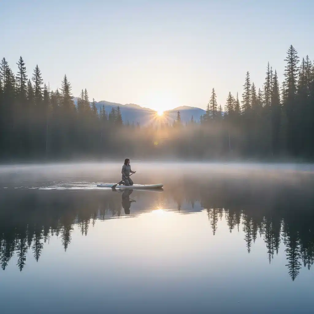Lac serein au lever du soleil avec un pagayeur solitaire profitant des eaux calmes, entouré de brume et d'arbres, représentant la pleine conscience et l'activité paisible en solitaire dans la nature.