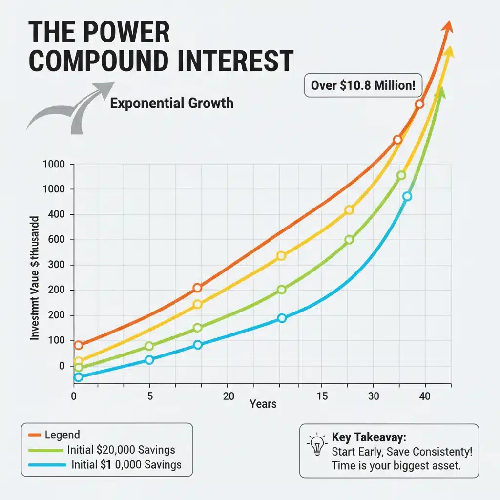 Infographie expliquant le pouvoir des intérêts composés sur une longue période.