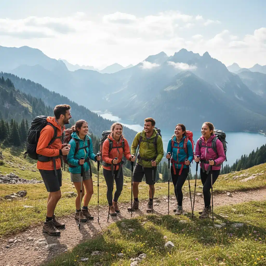 Groupe d'amis riant et faisant de la randonnée sur un sentier de montagne pittoresque, profitant de l'air frais et des vues à couper le souffle, symbolisant la connexion sociale et l'activité physique dans la nature.
