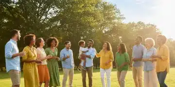 Groupe diversifié riant et interagissant joyeusement dans un parc ensoleillé, symbolisant des relations positives.