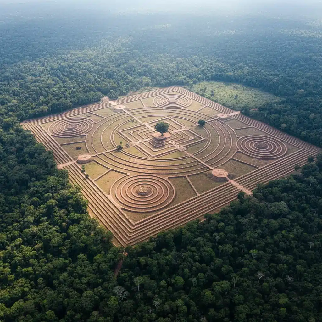 Vue aérienne d'un ancien site de monticules de terre indigènes, révélant des motifs géométriques complexes dans un paysage forestier verdoyant.