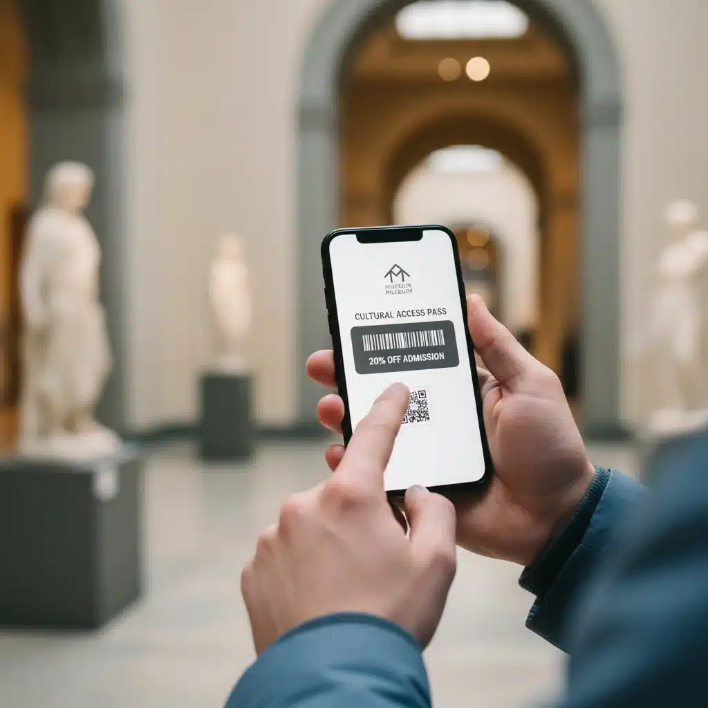 Persona utilizando un dispositivo móvil para acceder a descuentos en la entrada de un museo, con esculturas clásicas de fondo.