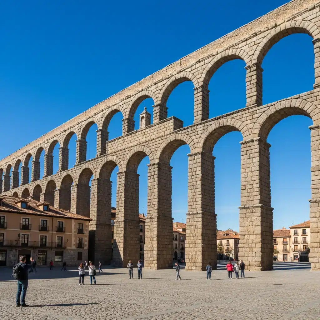 Acueducto romano de Segovia, una impresionante obra de ingeniería antigua y patrimonio de la humanidad, bajo un cielo despejado.