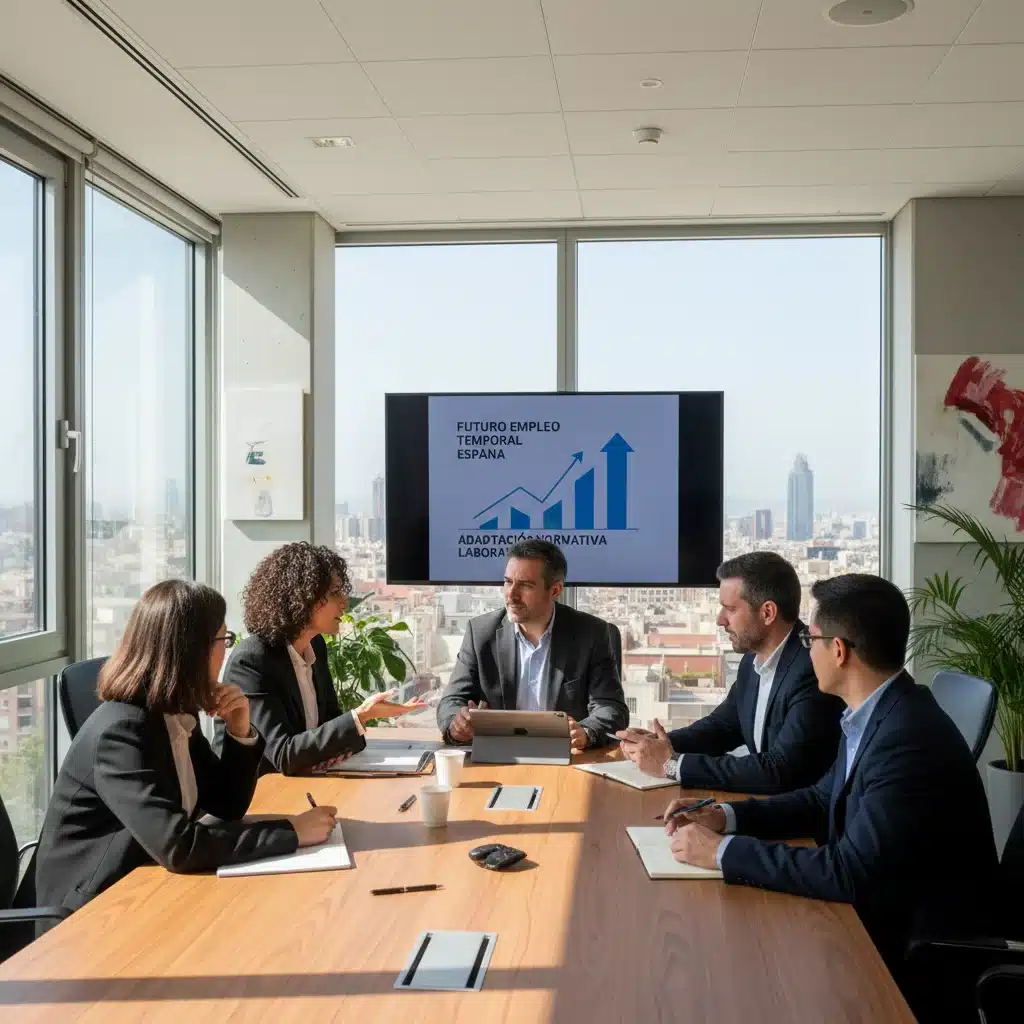 Profesionales discutiendo estrategias de adaptación a la nueva normativa laboral española.