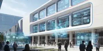 Edificio gubernamental moderno con interfaces digitales y ciudadanos interactuando, simbolizando la administración pública digital española.