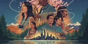 Affiche de film indépendant américain colorée avec des personnages divers et un arrière-plan introspectif.