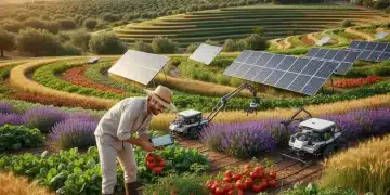 Campo español con cultivos diversos y tecnología sostenible