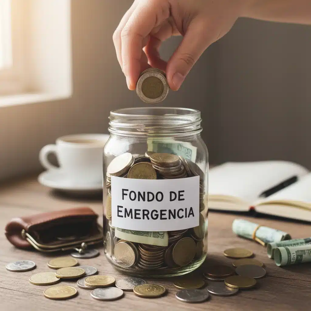 Mano ahorrando monedas en un bote para fondo de emergencia