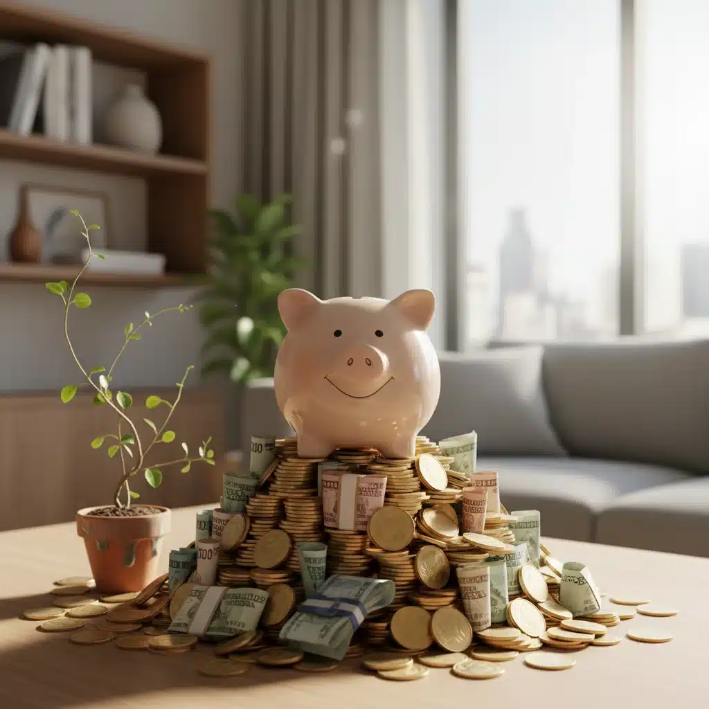 Hucha sobre monedas y billetes, representando el ahorro y la estabilidad financiera.