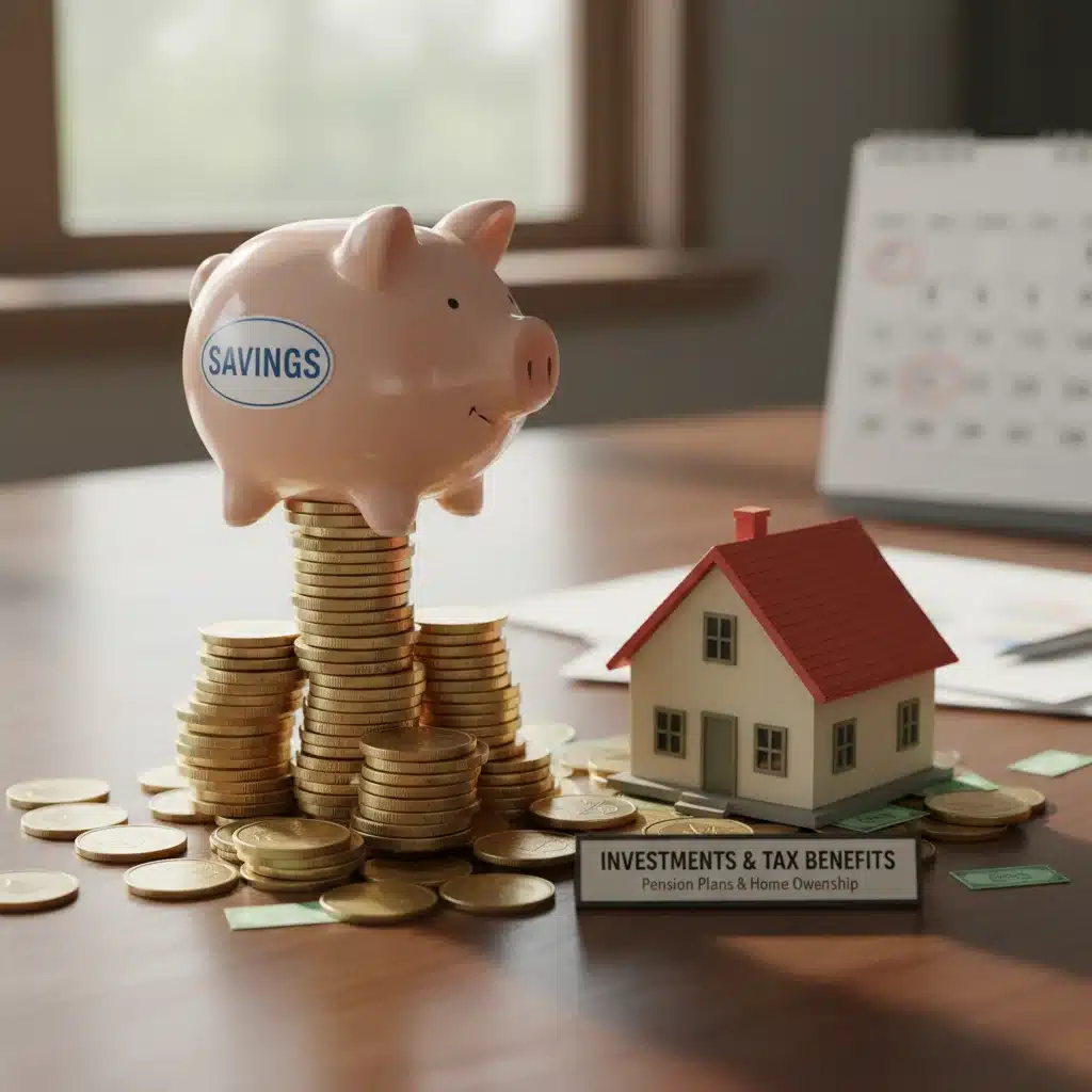 Hucha y maqueta de casa, representando ahorro e inversión con beneficios fiscales.