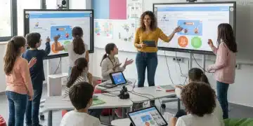 Alumnos y profesor interactuando en un aula moderna española, símbolo de las novedades educativas 2026.