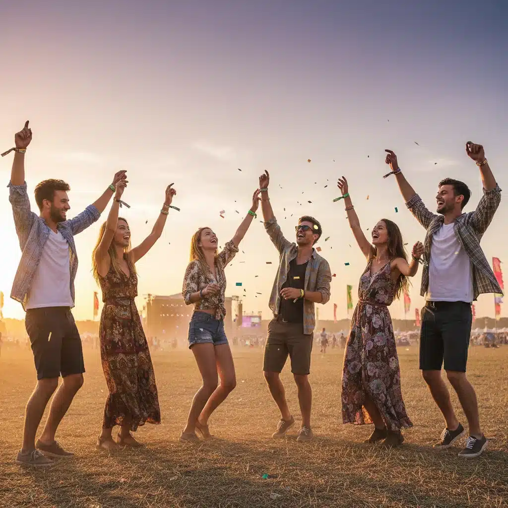 Grupo de amigos disfrutando y bailando en un festival al aire libre