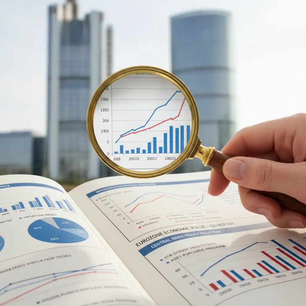 Mano con lupa analizando un informe financiero con datos de tipos de interés y políticas del Banco Central Europeo.