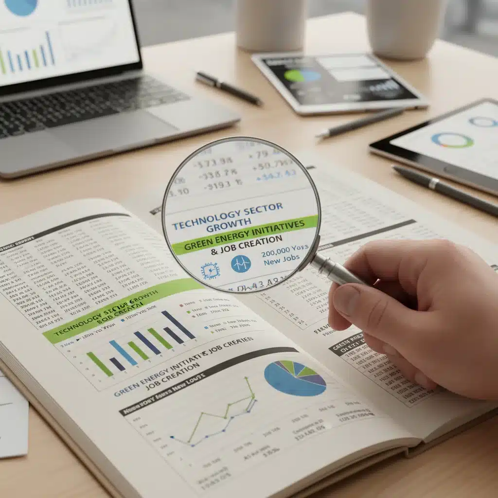 Mano con lupa examinando un informe económico, destacando gráficos de crecimiento sectorial y creación de empleo en tecnología y energía verde.