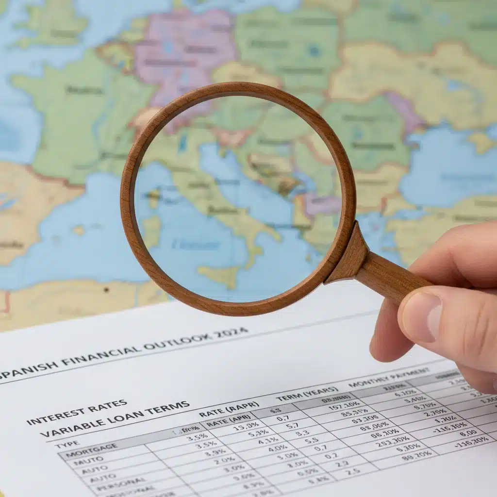 Mano con lupa examinando tasas de interés y condiciones de préstamos, con un mapa de España de fondo, representando el análisis financiero detallado.