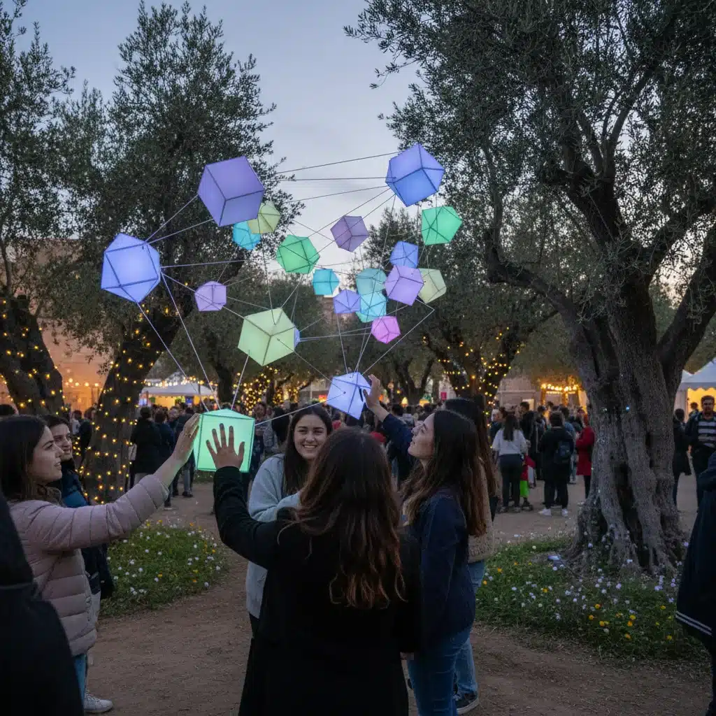 Instalación de arte interactiva con formas geométricas luminosas en un festival español, personas interactuando.