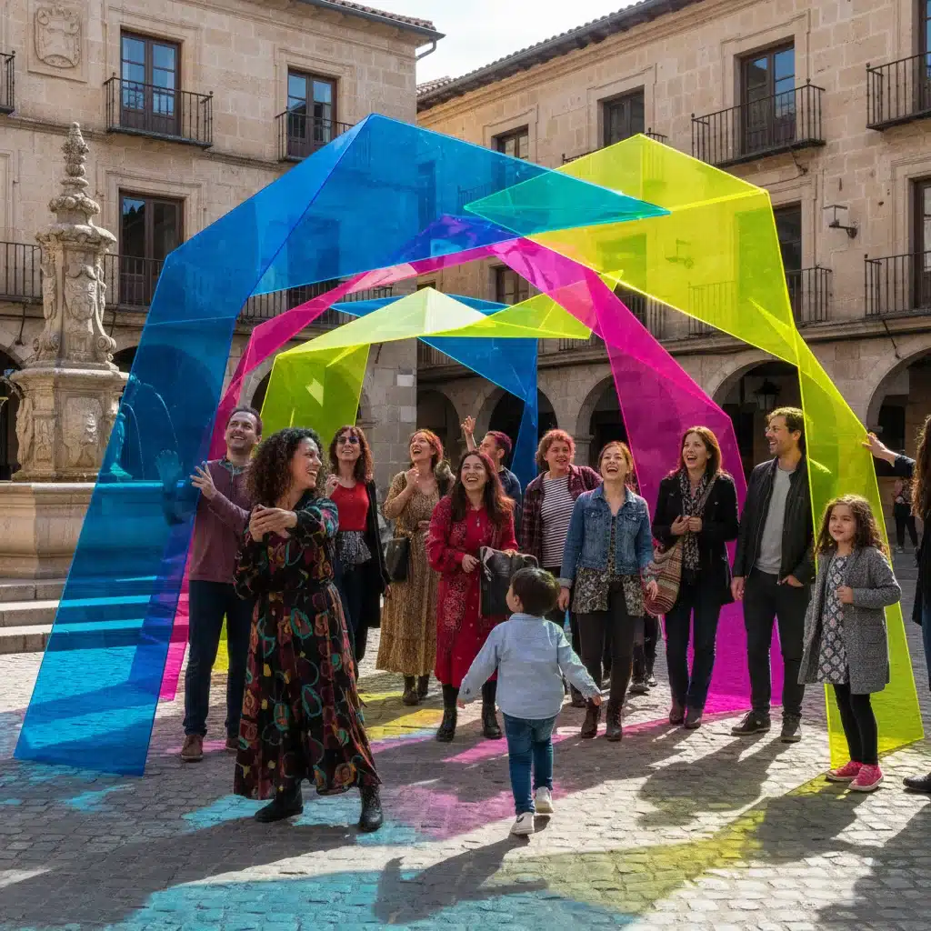 Personas diversas disfrutando de una instalación de arte moderno en una plaza histórica española.