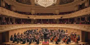 Público expectante en un gran auditorio nacional antes de un concierto clásico.