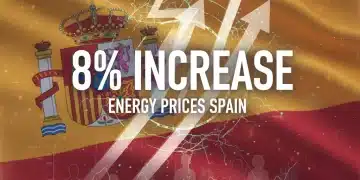 Análisis Profundo: El Precio de la Energía en España Aumentó un 8% en el Último Trimestre, ¿Qué Medidas se Esperan para 2026? Gráfico mostrando el aumento del 8% en el precio de la energía en España, con flechas ascendentes y la bandera española de fondo.