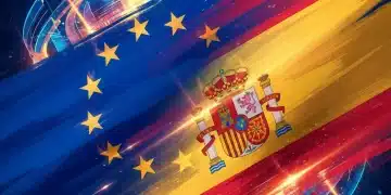 Banderas de España y la Unión Europea fusionadas, simbolizando la integración y el futuro liderazgo.