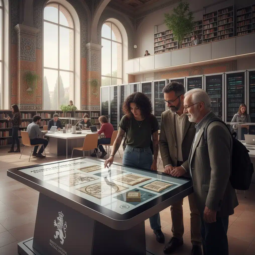 Personas de varias generaciones usando una pantalla táctil en una biblioteca digital española.