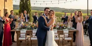 Pareja feliz celebrando su boda en un hermoso entorno español al aire libre.