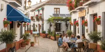 Callejuela histórica en un pueblo español, con arquitectura tradicional y flores en los balcones, simbolizando el turismo cultural sostenible.