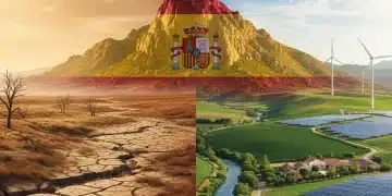 Paisaje español con elementos de sequía y energías renovables, simbolizando el cambio climático y la adaptación.