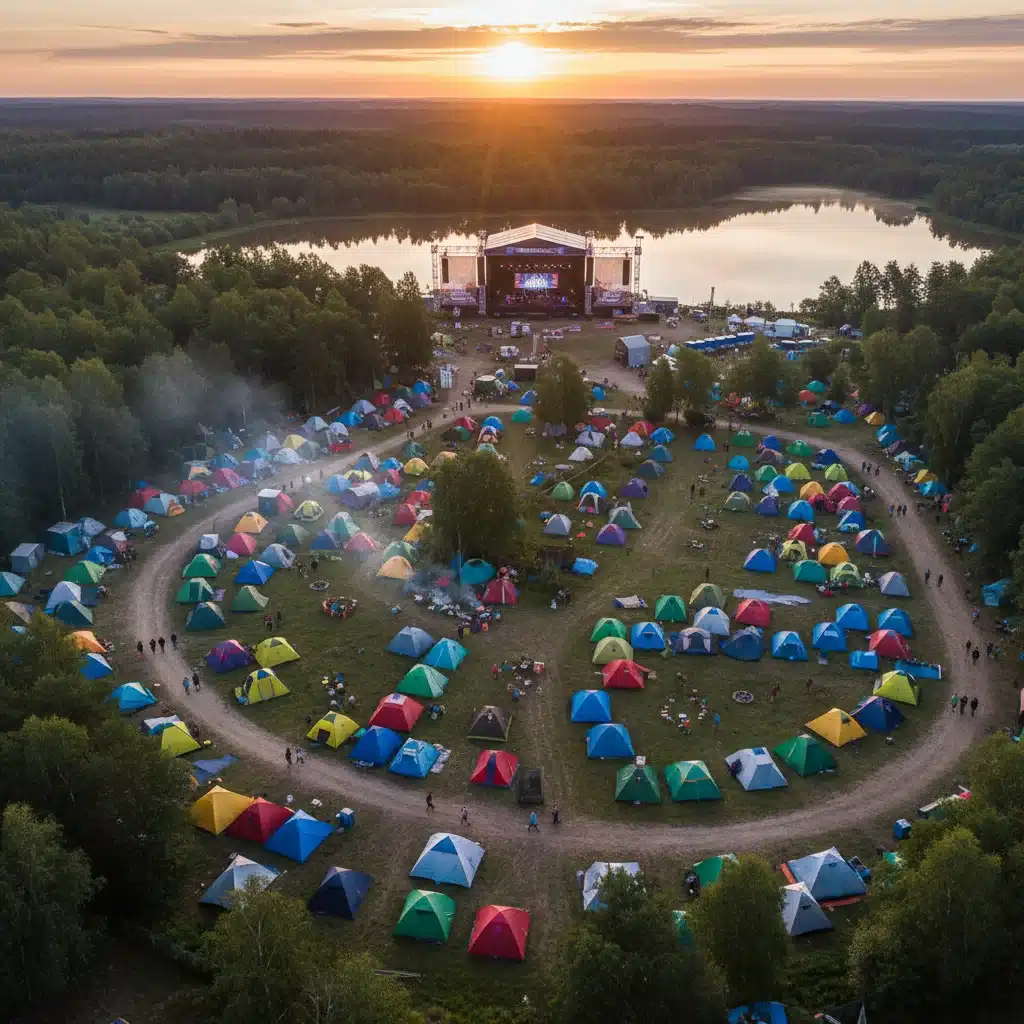 Vista aérea de un campamento de festival al amanecer, tiendas de colores y escenario al aire libre, ambiente comunitario.