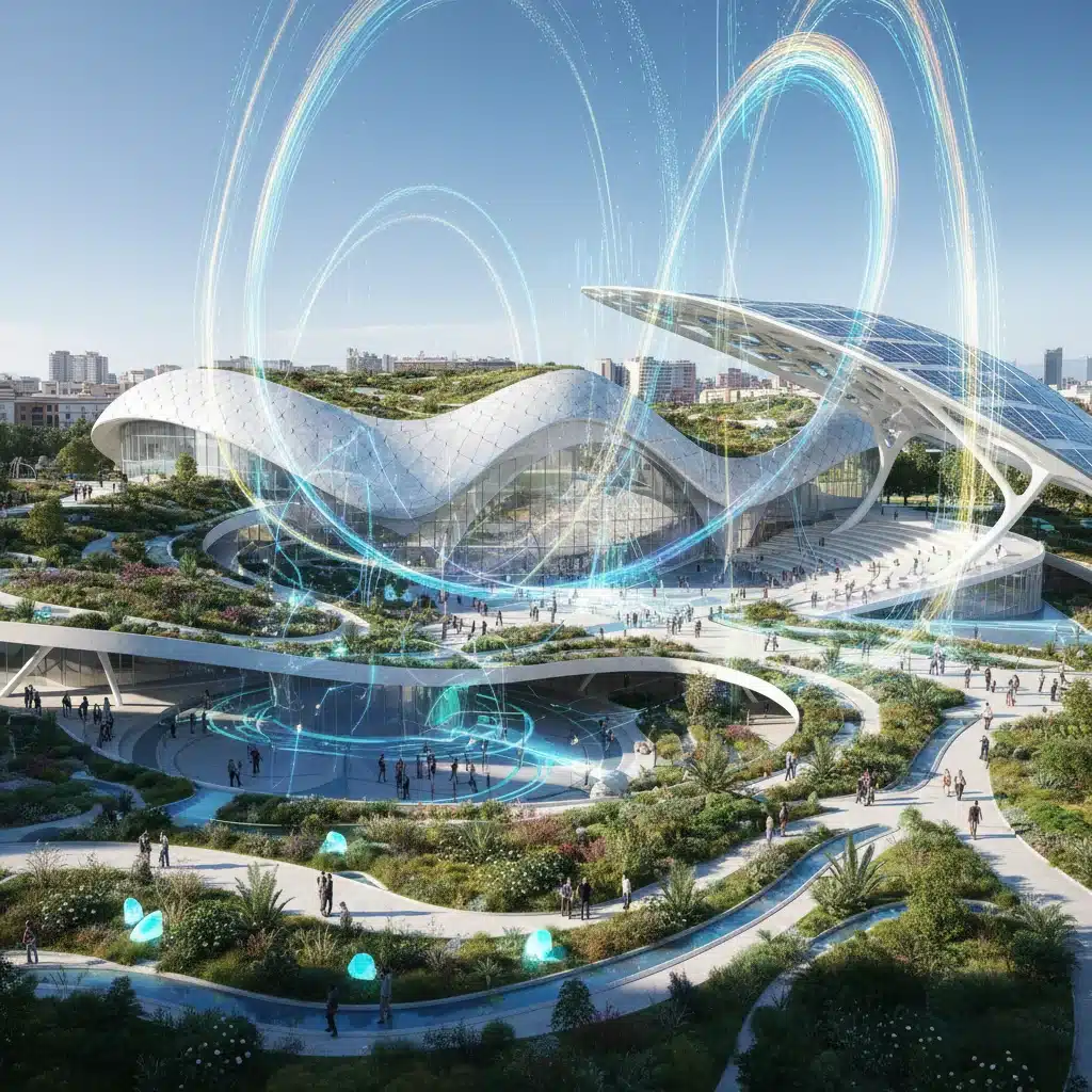 Representación arquitectónica de un nuevo centro cultural futurista en una ciudad española, con espacios verdes.