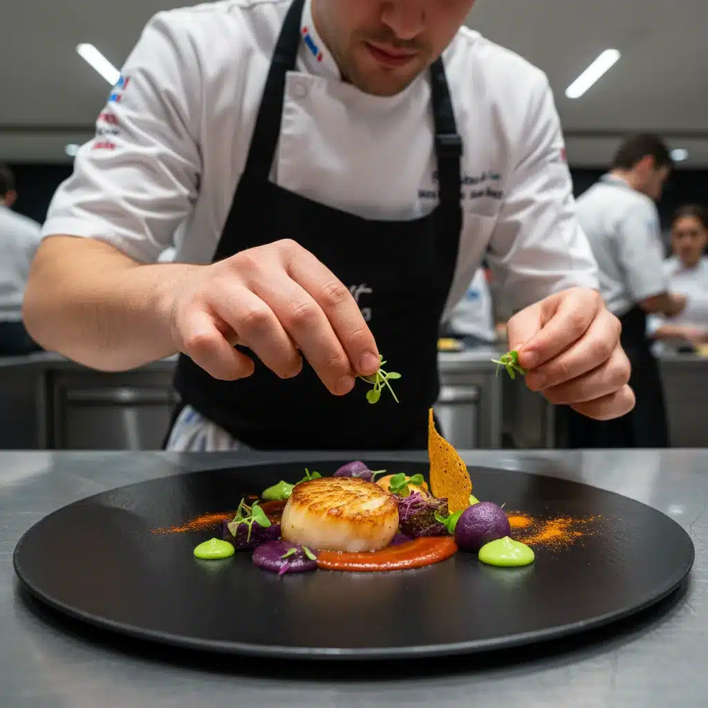 Chef preparando un plato de alta cocina con ingredientes frescos y coloridos en un evento gastronómico.