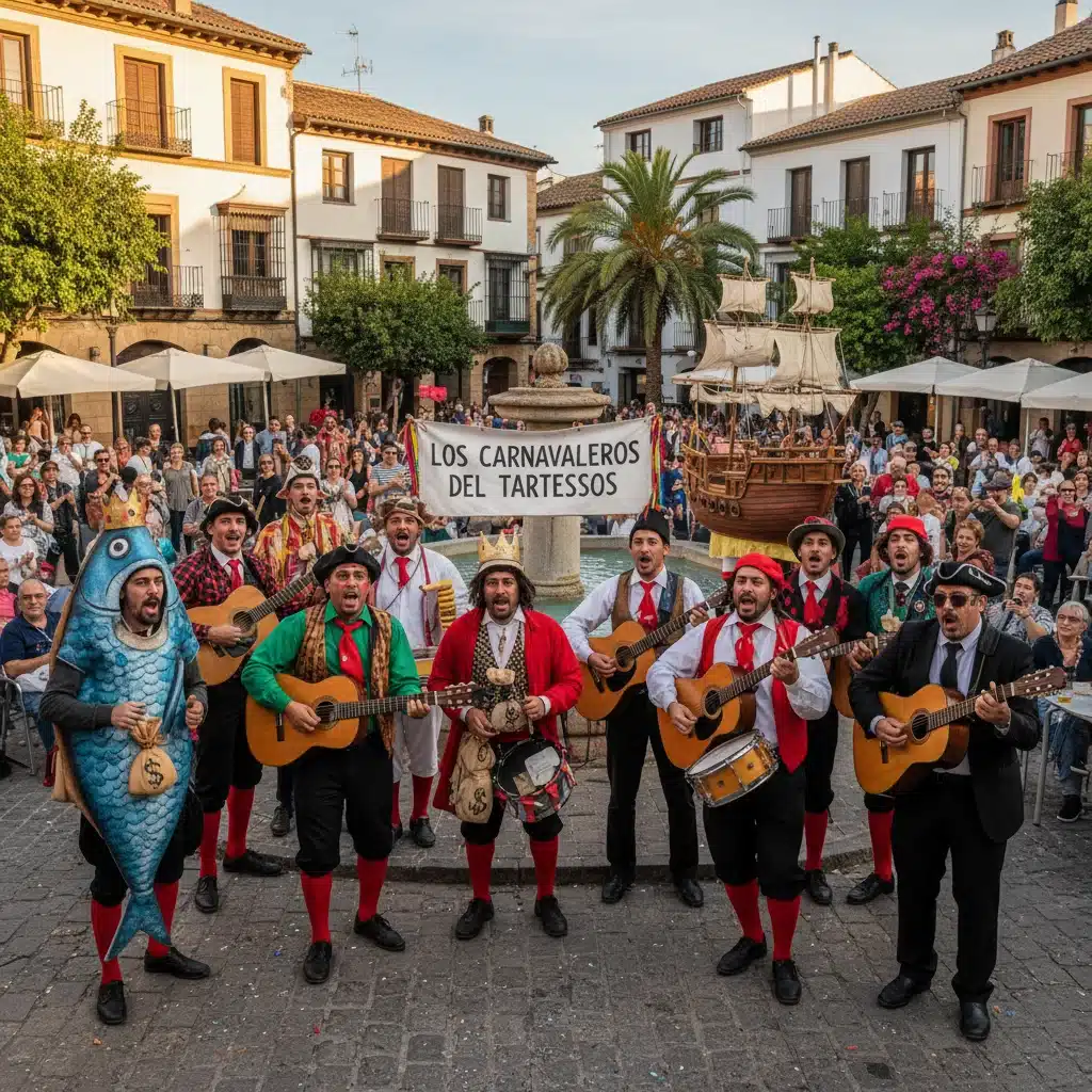 Chirigotas de Cádiz actuando en la calle durante el carnaval, con disfraces ingeniosos y guitarras.