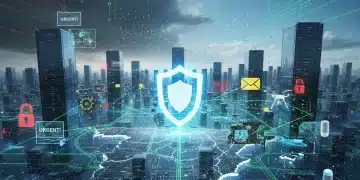 Mapa digital de España con escudo de ciberseguridad y símbolos de amenazas cibernéticas