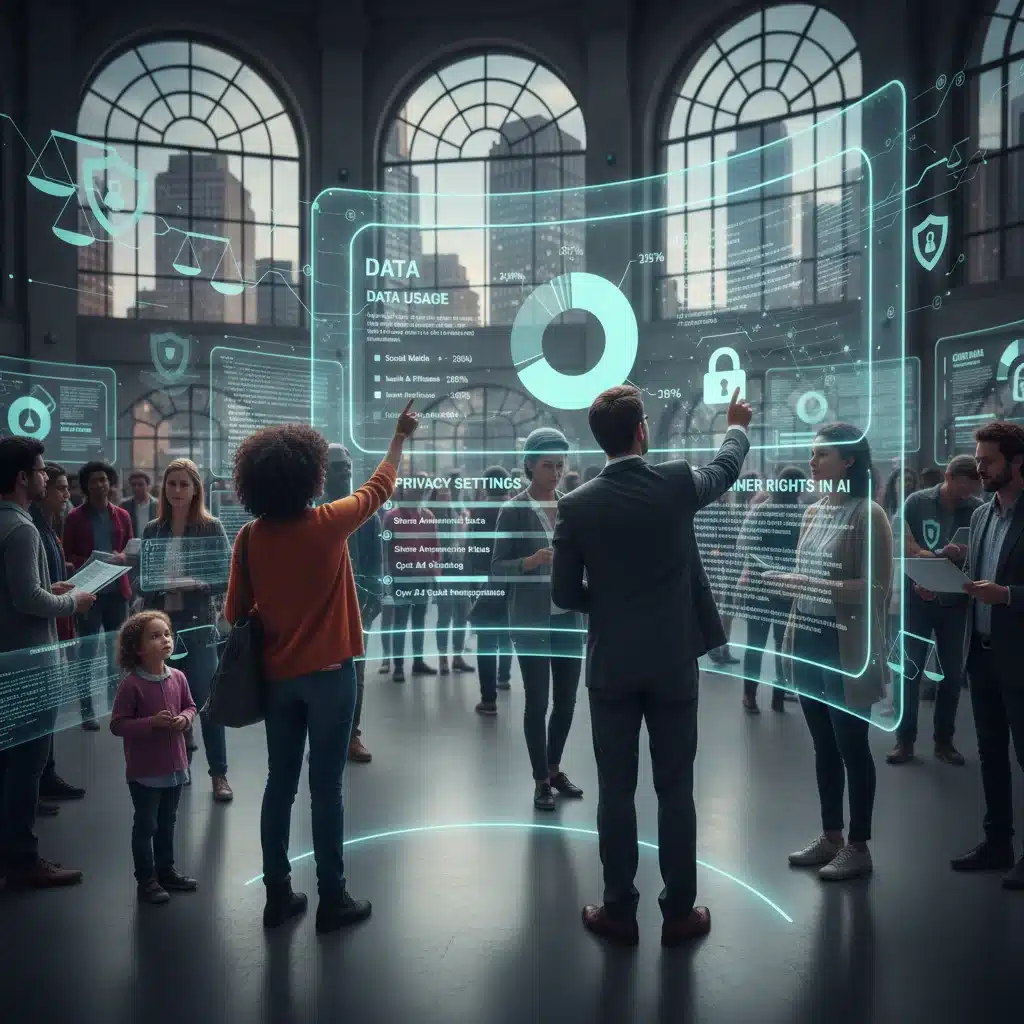 Ciudadanos interactuando con tecnología digital, destacando la privacidad y los derechos en la era de la IA.