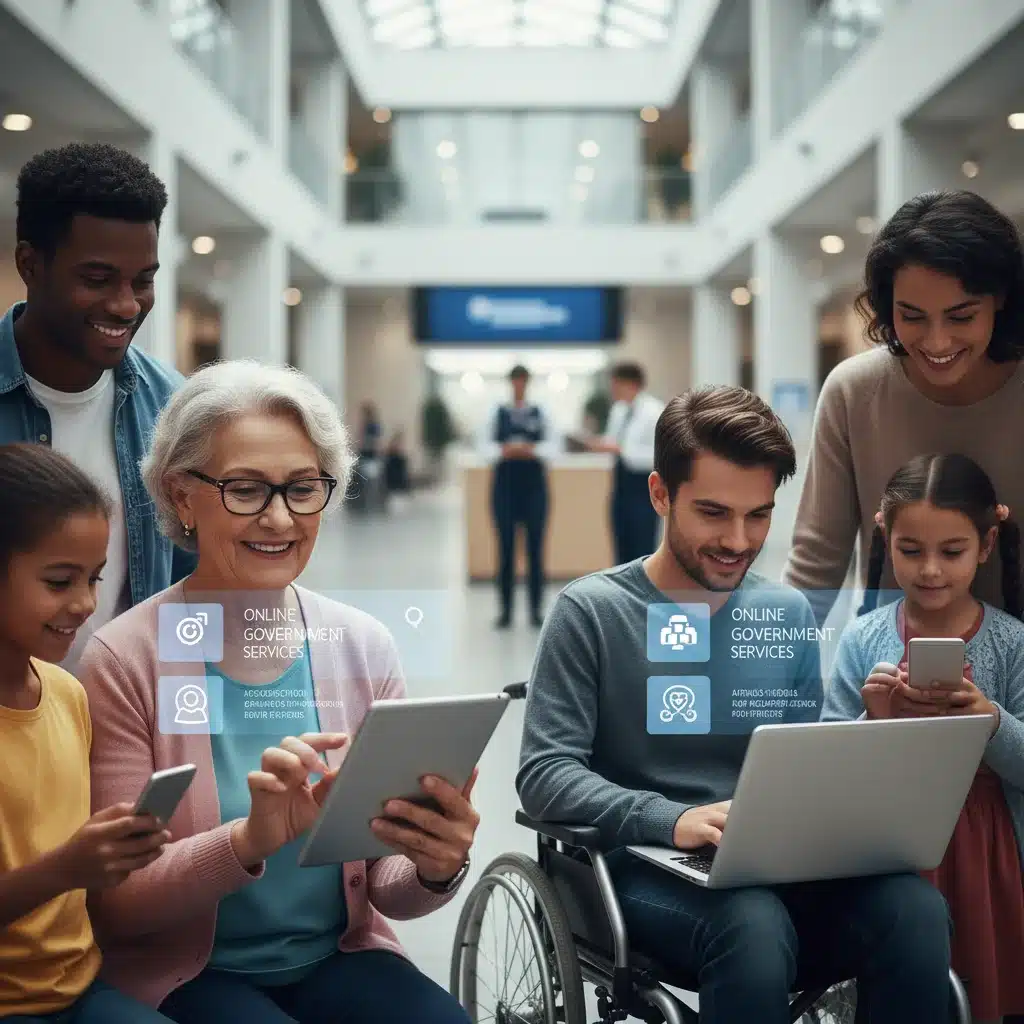Ciudadanos de diversas edades utilizando dispositivos digitales para acceder a servicios públicos online, representando la accesibilidad digital.