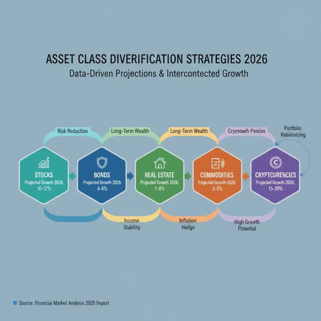 Infographie présentant diverses classes d'actifs et leurs projections de croissance pour 2026, illustrant la diversification de portefeuille.