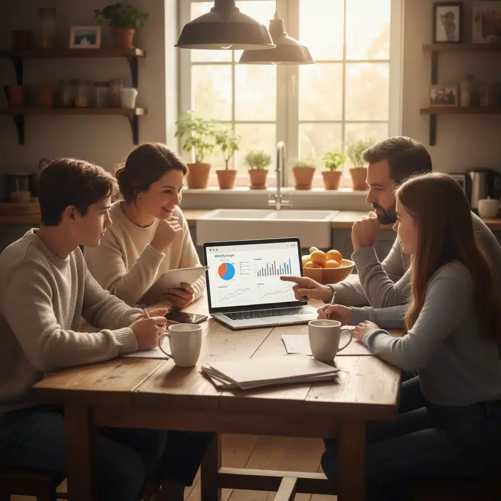 Famille discutant de leur budget et de leurs finances à table, soulignant la communication financière.