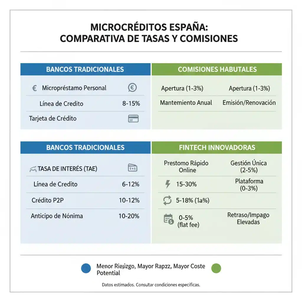 Gráfico comparativo de tipos de interés y comisiones en microcréditos de diferentes proveedores en España.