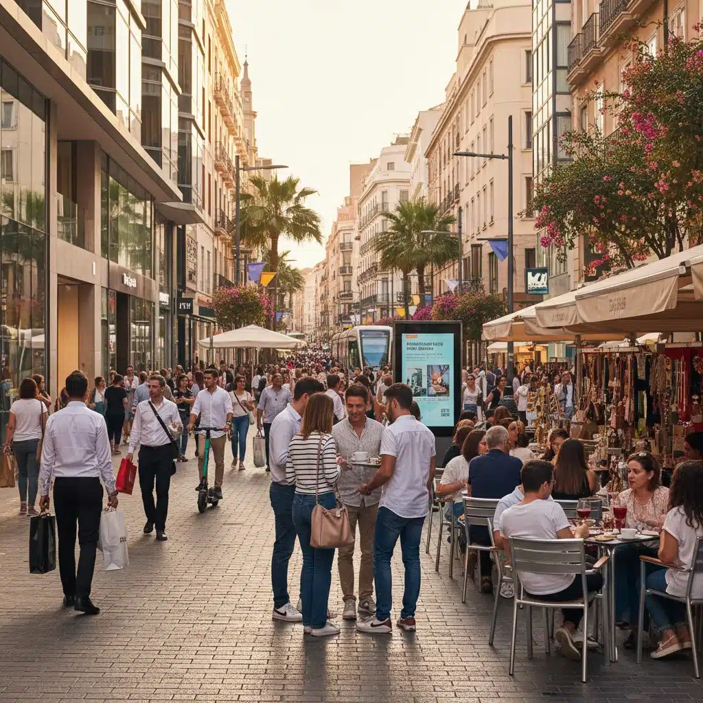 Gente comprando y disfrutando en una calle comercial española, reflejando alto consumo