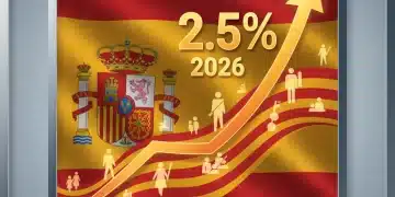 PIB Español 2026: Crecimiento y Consumo Impulsado por el 2.5% Gráfico de crecimiento económico de España con bandera y figuras de consumidores
