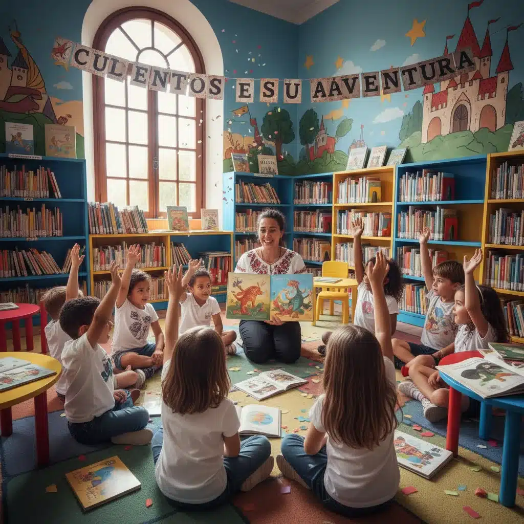 Niños sonrientes y atentos participando en una sesión de cuentacuentos en una biblioteca infantil española.