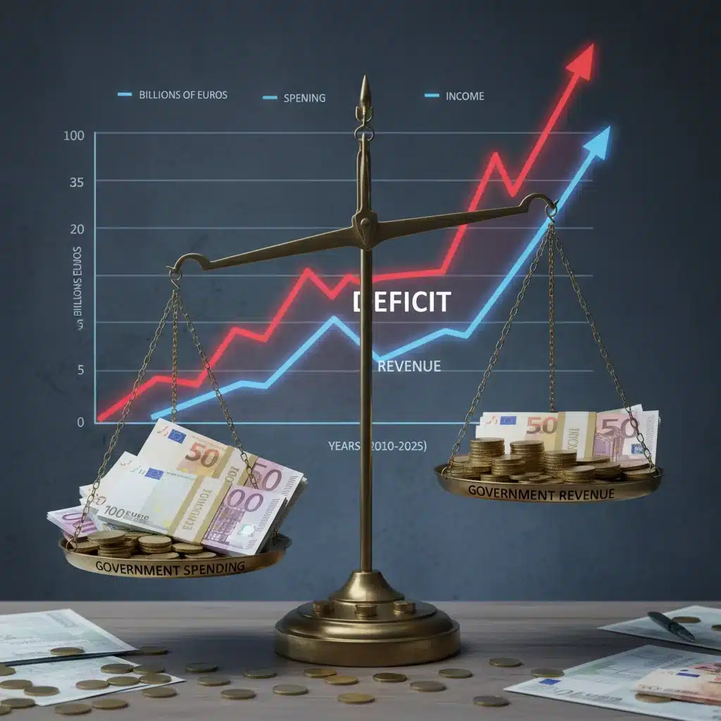 Balanza fiscal desequilibrada, representando el déficit público y el aumento del gasto gubernamental.