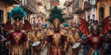 Desfile colorido y festivo de carnaval en España, con disfraces elaborados y ambiente alegre.