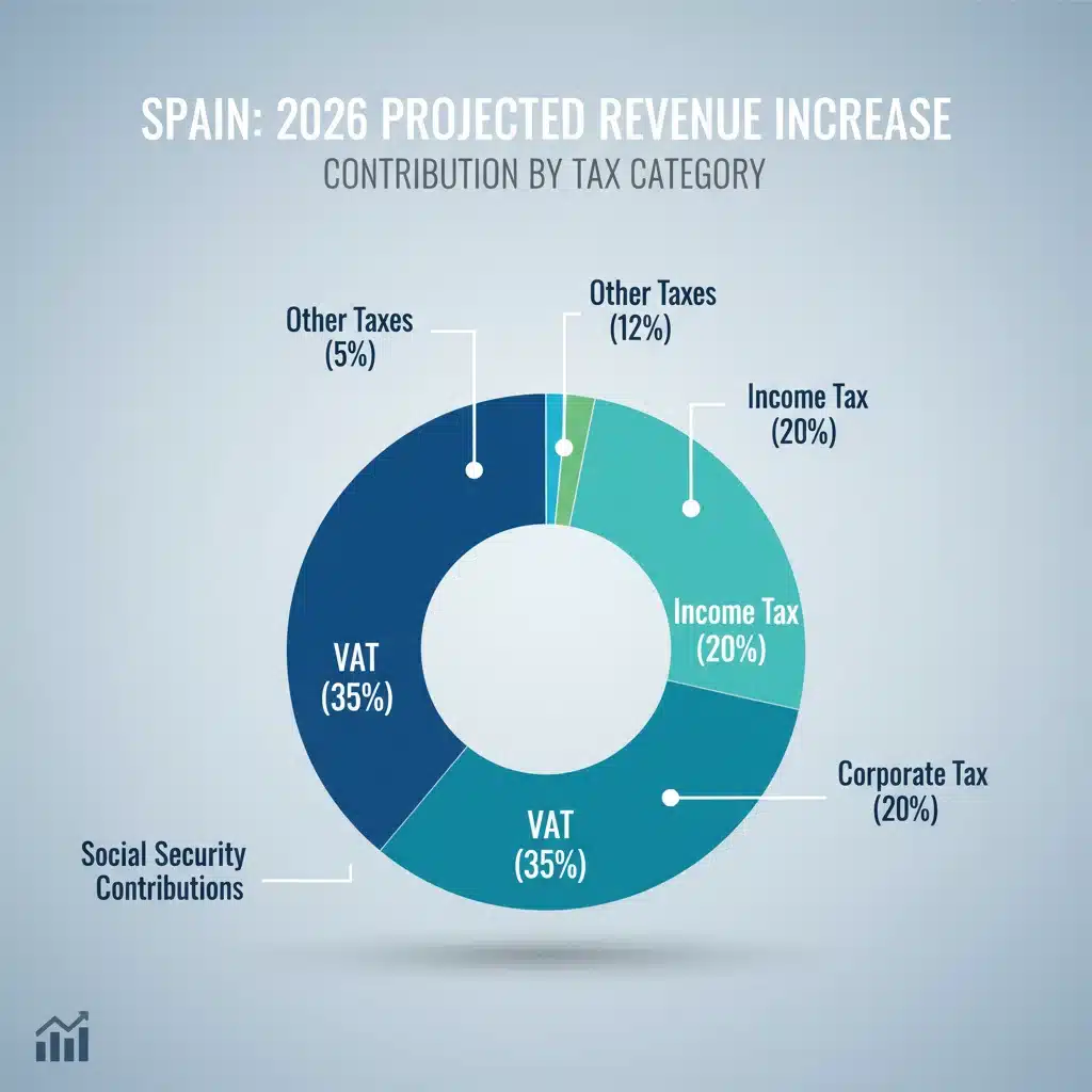 Infografía detallada mostrando la contribución porcentual de los diferentes tipos impositivos a la recaudación fiscal de 2026.